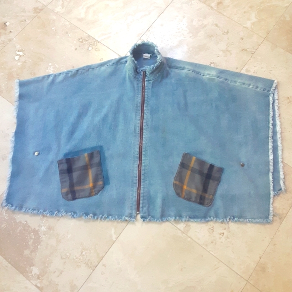Stretch Denim Fringed Zip Front Cape By Mystree, Side Closure Snaps, 4 Pockets